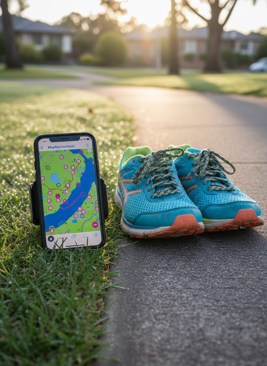 A realistic close-up of a modern smartphone held in a simple black armband lying on short, dew-fresh grass beside a Sydney footpath, its bright screen displaying a MapRun orienteering course with green parks, blue water, and pink control circles. Nearby, a pair of colorful running shoes are neatly placed on the pavement, their mesh texture and laces sharply defined. Early morning golden light skims across the scene, creating long, soft shadows and sparkling dew highlights. The composition is shot from a low, slightly angled perspective, with shallow depth of field that keeps the phone and shoes crisp while gently blurring the suburban houses and trees in the background. The atmosphere feels playful, motivating, and ready for adventure in a photographic, vibrant style.