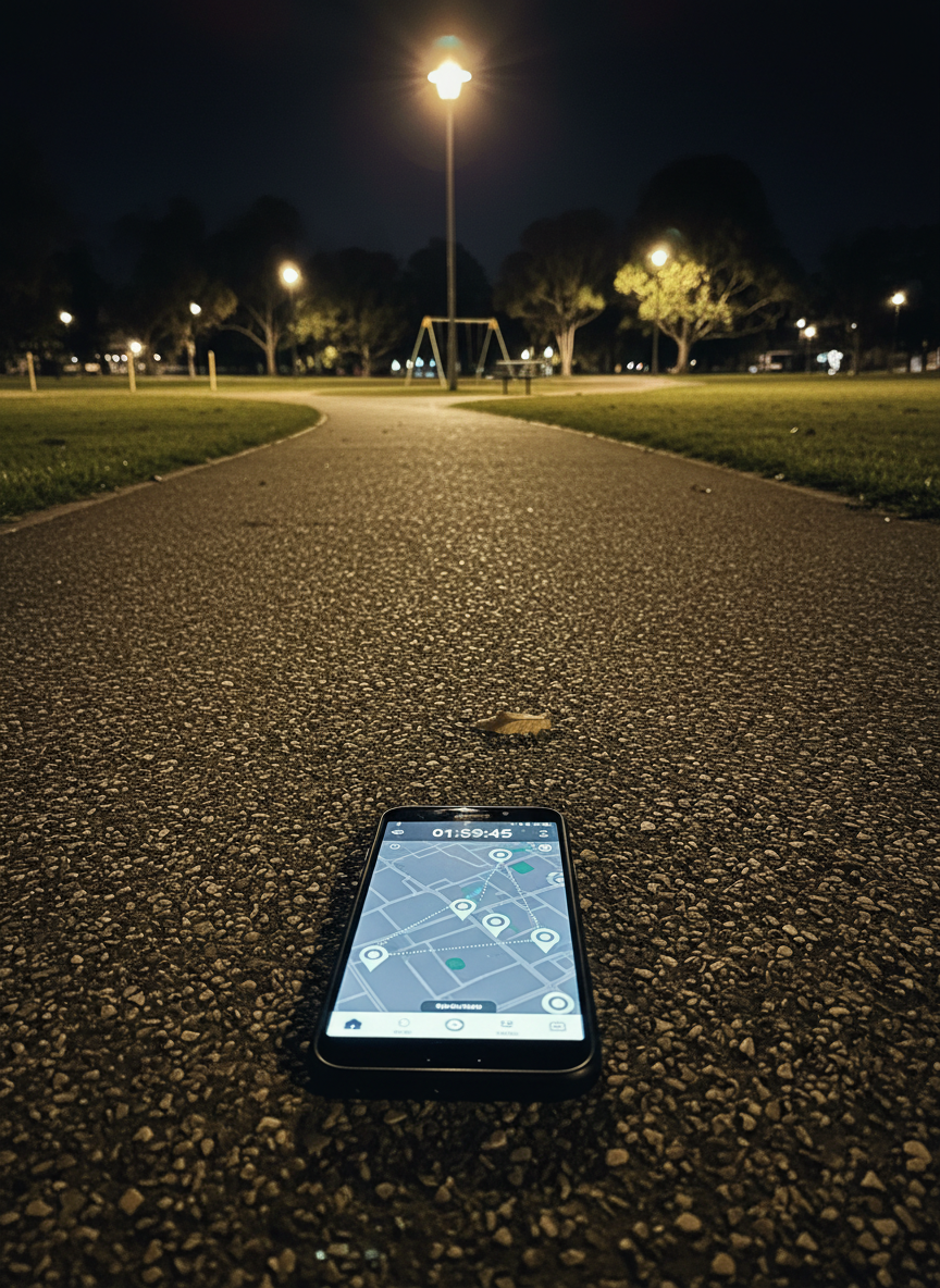 A night-time photographic view of a quiet Sydney suburban park, the grass a deep, rich green under evenly spaced warm lampposts. On a central gravel path, a modern smartphone rests on the ground, its bright screen glowing with a live MapRun course, complete with pulsing checkpoint icons and a ticking countdown timer. Faint digital lines extend from the screen into the darkness, suggesting hidden checkpoints among trees, playground equipment, and pathway junctions. The lighting contrast between the warm lamplight and cool phone glow creates dramatic, playful shadows and highlights. Captured from a low, cinematic angle with shallow depth of field, the phone is in razor-sharp focus while the background is softly blurred with subtle bokeh from distant lights, evoking a sense of secret night-time adventure.
