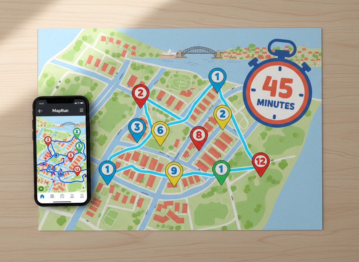 A detailed overhead photographic view of a colorful suburban Sydney street map printed on slightly textured matte paper, spread across a light wooden table. Brightly colored circular checkpoints and a bold, playful 45-minute timer icon are overlaid on the map, with a modern smartphone resting beside it showing the MapRun app screen and a glowing GPS route snaking between checkpoints. Soft natural daylight from a nearby window casts gentle, realistic shadows and subtle highlights across the scene. The mood is energetic and inviting, suggesting a fun challenge. Shot with sharp focus throughout, using a clean, modern composition that emphasizes the map, route, and app screen, in vibrant photographic realism aligned with a playful, game-like aesthetic.