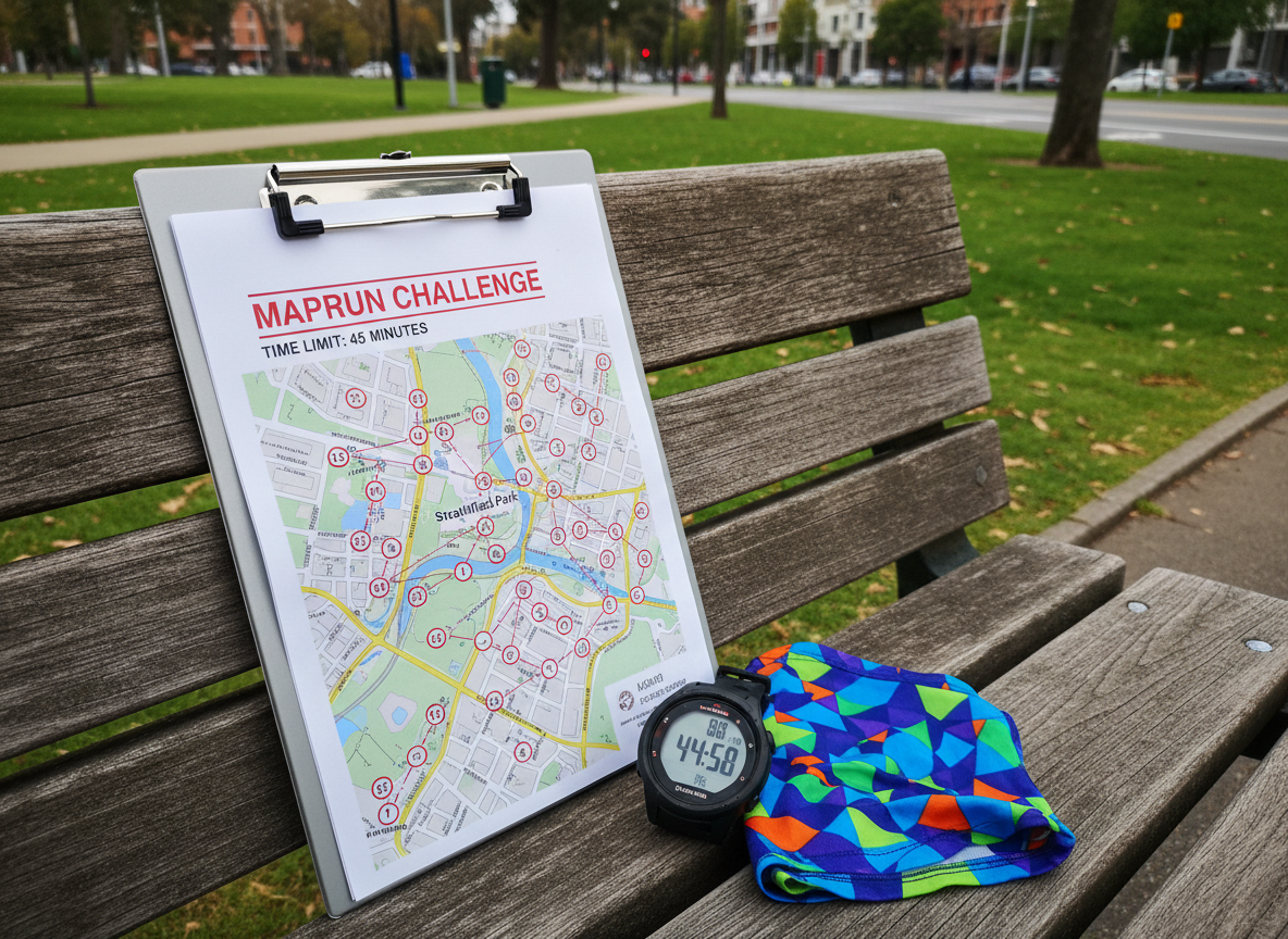 A detailed photographic close-up of a printed MapRun event sheet clipped to a small metal clipboard resting on a park bench made of weathered wooden slats. The sheet shows a Sydney suburb map with clearly marked checkpoints, scoring values, and a bold 45-minute time limit graphic. Beside it lies a lightweight digital sports watch with the screen set to a countdown timer, and a folded, brightly colored trail buff with a playful pattern. Soft overcast daylight creates diffused, shadowless lighting that reveals textures in the wood, paper, and fabric. Captured from a slightly elevated angle with moderate depth of field, the background of blurred green lawns and urban park pathways sets a relaxed, anticipatory mood, emphasizing organized fun and casual competition in realistic, vibrant detail.