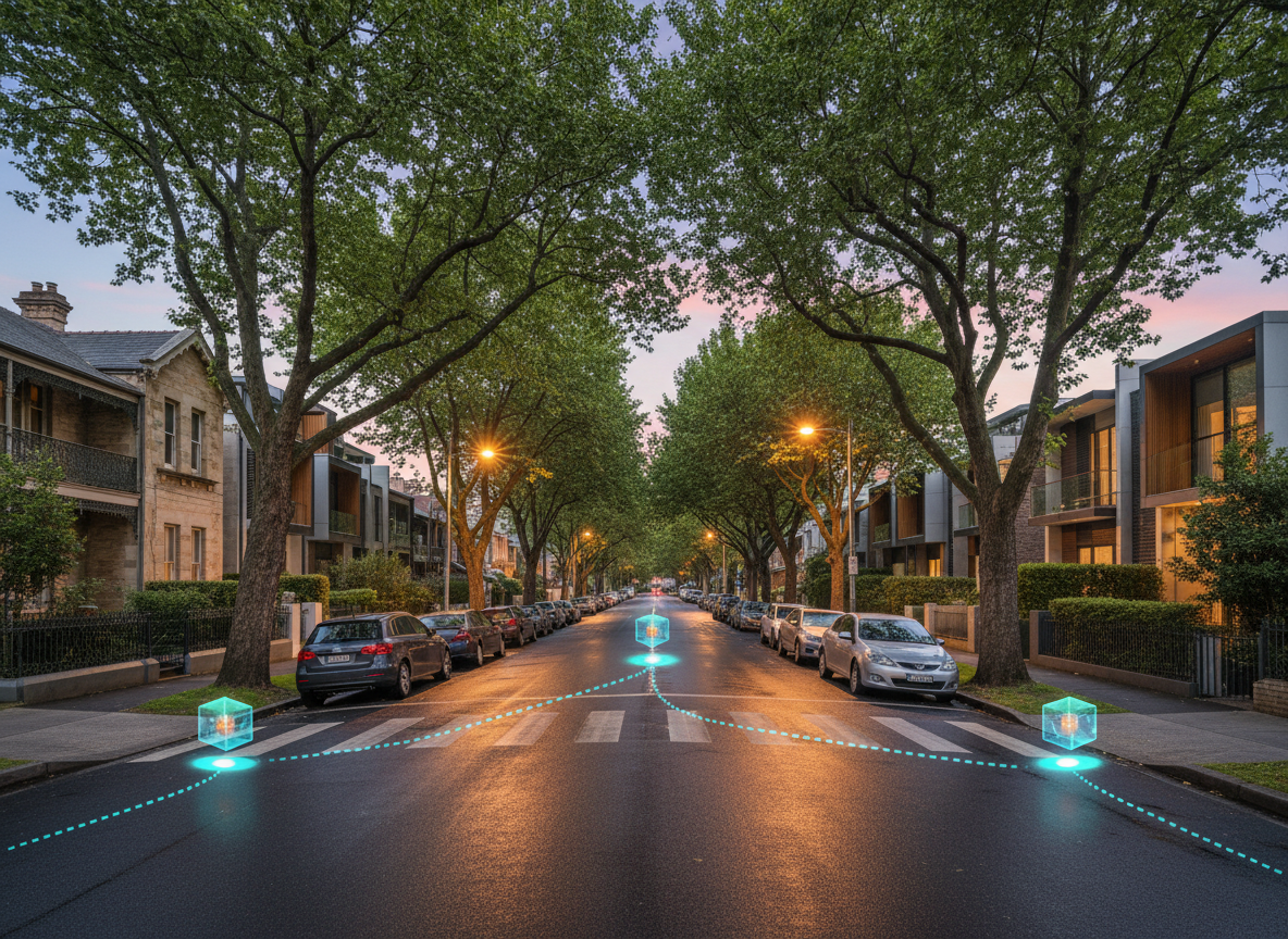 A wide photographic view of a quiet Sydney suburban intersection at dusk, with leafy trees, parked cars, and a mix of sandstone cottages and modern terraces. Floating above the footpaths and street corners are semi-transparent, glowing digital checkpoint markers and a dotted GPS route line, seamlessly blended into the real environment. The sky glows soft pink and blue, with warm streetlights just starting to glow, casting gentle reflections on the asphalt. The mood is playful and slightly futuristic, as if the suburb has become a game board. Captured at eye level with a wide lens, sharp focus, and balanced composition, the image feels realistic yet gamified, with vibrant colors and a clean, modern photographic aesthetic.