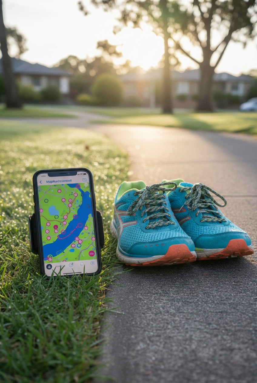 MapRun orienteering A realistic close-up of a modern smartphone held in a simple black armband lying on short, dew-fresh grass beside a Sydney footpath, its bright screen displaying a MapRun orienteering course with green parks, blue water, and pink control circles. Nearby, a pair of colorful running shoes are neatly placed on the pavement, their mesh texture and laces sharply defined. Early morning golden light skims across the scene, creating long, soft shadows and sparkling dew highlights. The composition is shot from a low, slightly angled perspective, with shallow depth of field that keeps the phone and shoes crisp while gently blurring the suburban houses and trees in the background. The atmosphere feels playful, motivating, and ready for adventure in a photographic, vibrant style.